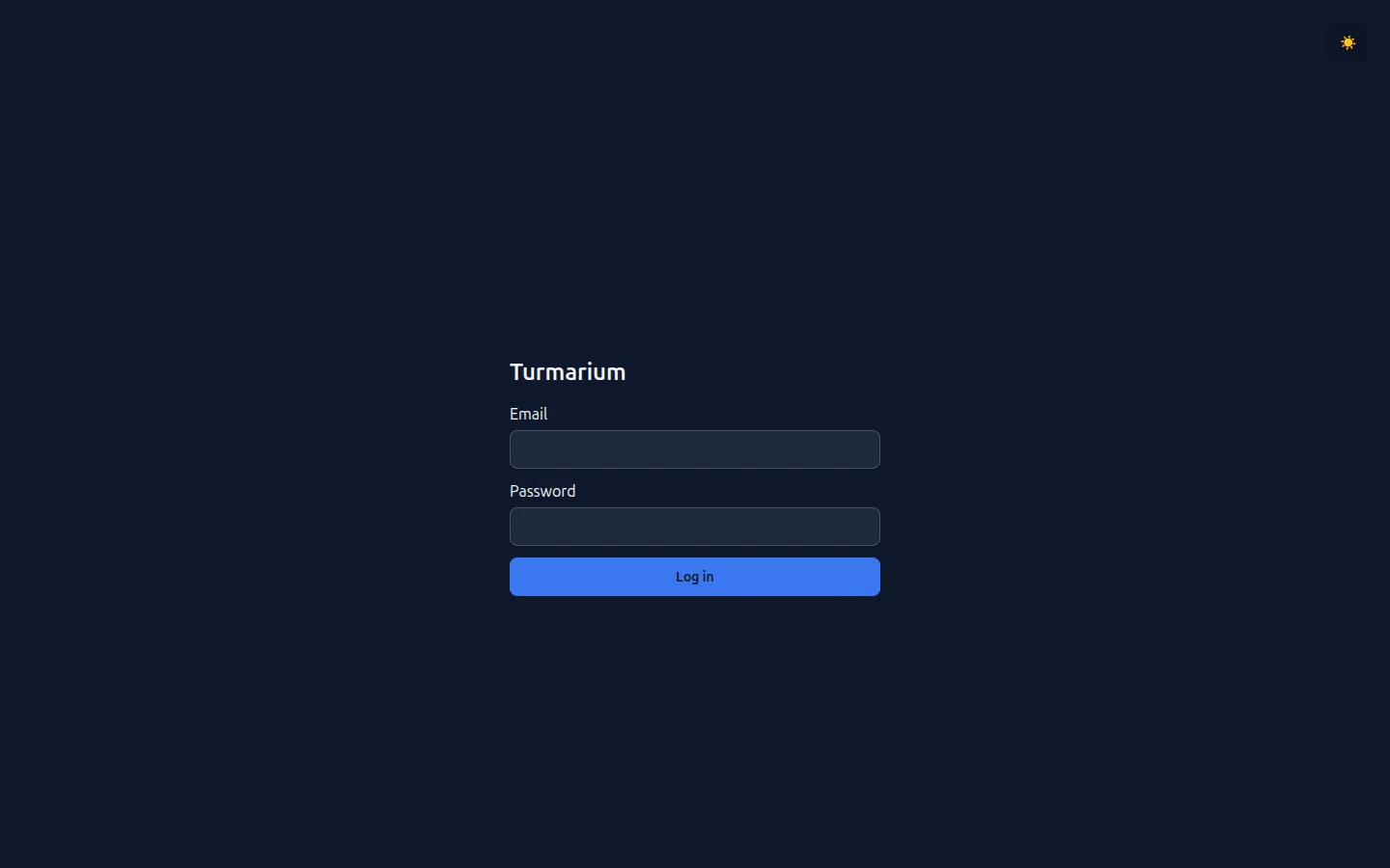 The Turmarium login screen in light and dark theme, side by side. Both show the same form: a 'Turmarium' heading, an Email field, a Password field, and a blue 'Log in' button, with the theme toggle in the top-right corner. In dark theme the card and page sit on deep slate with near-white labels; in light theme the fields are white on a pale surface with dark slate labels. The white-on-white text that opened this update is gone in both.