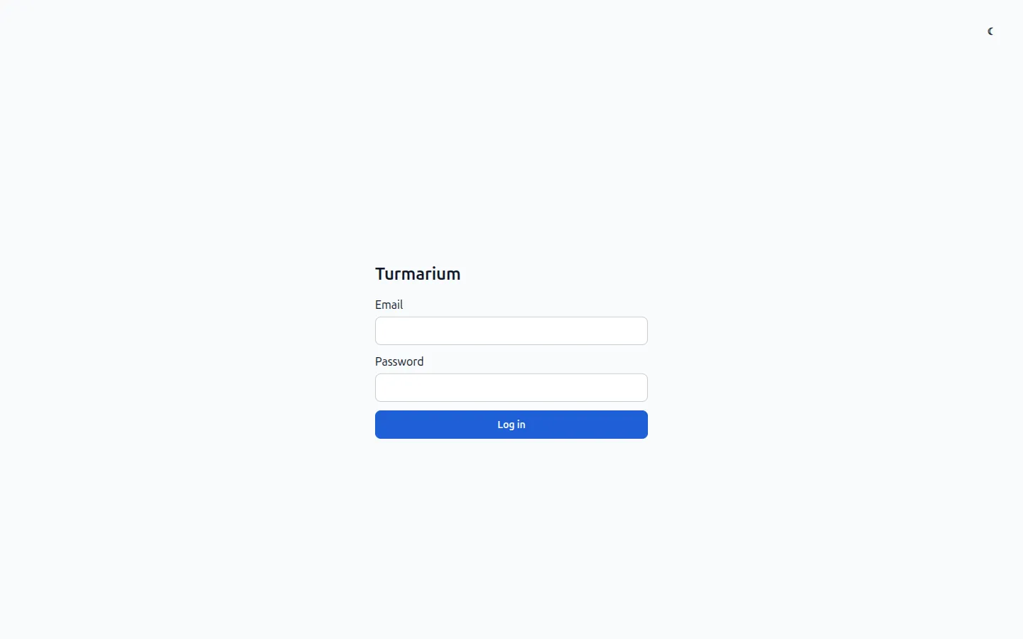 The Turmarium login screen in light and dark theme, side by side. Both show the same form: a 'Turmarium' heading, an Email field, a Password field, and a blue 'Log in' button, with the theme toggle in the top-right corner. In dark theme the card and page sit on deep slate with near-white labels; in light theme the fields are white on a pale surface with dark slate labels. The white-on-white text that opened this update is gone in both.